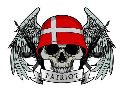 Military skull or patriot skull with DENMARK flag Helmet and Wings Background and ak47 Gun