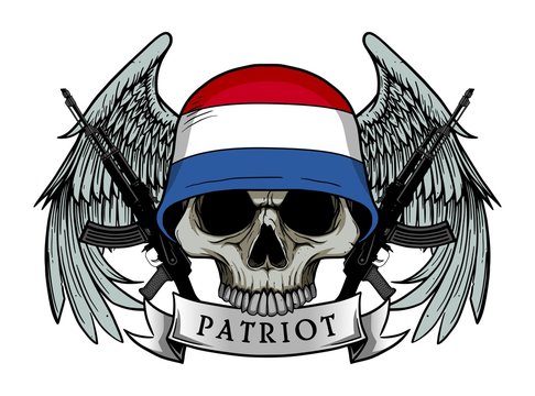 Military skull or patriot skull with NETHERLANDS flag Helmet and Wings Background and ak47 Gun