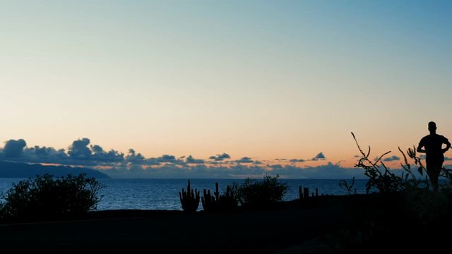 Silhouette of a running athlete against the background of the setting sun on the beach