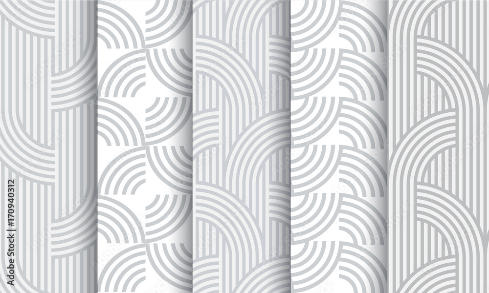 Wall mural set of geometric light grey striped seamless patterns