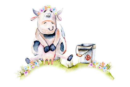 Watercolor cute cartoon cow sitting on a meadow near the bucket, ladybug and simple flowers illustrations, hand drawn isolated on a white background