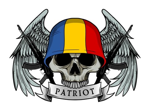 Military skull or patriot skull with ROMANIA flag Helmet and Wings Background and ak47 Gun