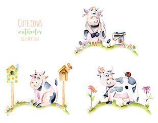 Naklejka premium Set of watercolor cute cartoon cows on a meadow, ladybugs and simple flowers illustrations, hand drawn isolated on a white background