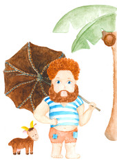 Robinson Crusoe with goat watercolor drawing.