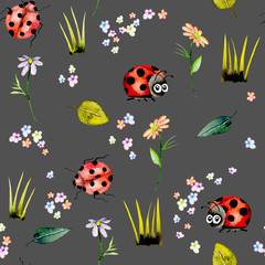 Seamless pattern with watercolor cute cartoon ladybugs and simple flowers, hand drawn isolated on a dark background