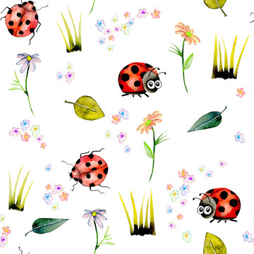 Seamless pattern with watercolor cute cartoon ladybugs and simple flowers, hand drawn isolated on a white background