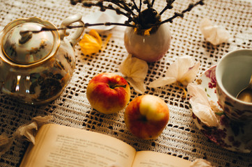 Fototapeta na wymiar the book, apples and a Cup