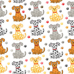 Cute vector dogs seamless pattern. Funny doodle wallpaper.