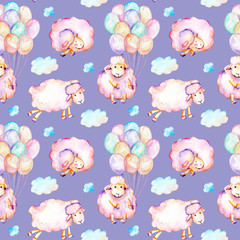 Modèle sans couture avec des moutons roses mignons aquarelles, des montgolfières et des illustrations de nuages, dessinés à la main isolés sur fond bleu