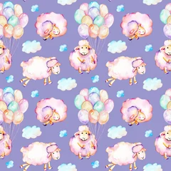 Papier peint photo autocollant rond Animaux avec ballon Modèle sans couture avec des moutons roses mignons aquarelles, des montgolfières et des illustrations de nuages, dessinés à la main isolés sur fond bleu