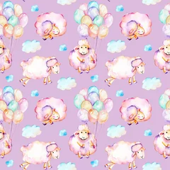 Photo sur Plexiglas Animaux avec ballon Modèle sans couture avec des moutons roses mignons à l& 39 aquarelle, des montgolfières et des illustrations de nuages, dessinés à la main isolés sur fond violet
