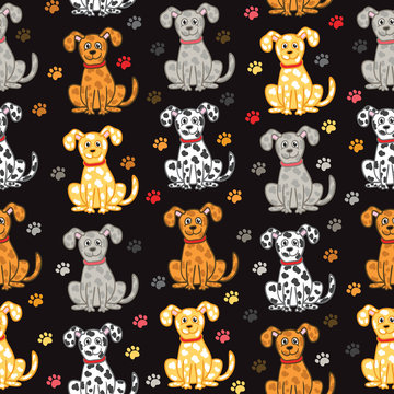 Cute vector dogs seamless pattern. Funny doodle wallpaper.