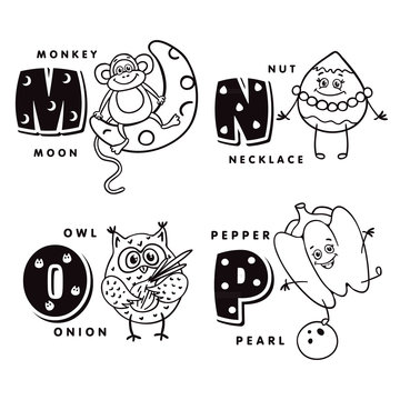 Alphabet letter M N O P depicting an monkey, nut, owl and pepper. Vector alphabet