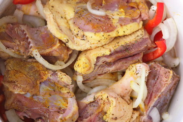 Raw duck meat in marinade and with spices before cooking
