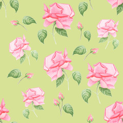 Vintage watercolor seamless pattern with buds of roses and wild flowers. Watercolor natural botanical illustration with summer flowers on green background