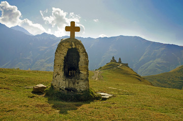 Chapel and the church in Stepantsminda (Kazbegi) in Georgia