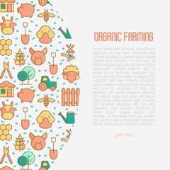 Organic farming concept with thin line icons of animals, tools and symbols for eco products, farming flyers and banners. Agriculture vector illustration for web page, print media.