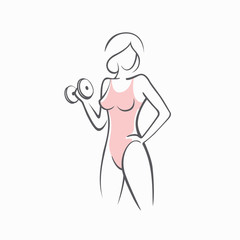 Sporty fit woman in the gym. Picture of a beautiful sexy girl with dumbbells in her hands. Vector illustration of a graphic outline silhouette