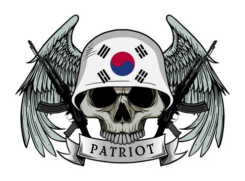 Military skull or patriot skull with SOUTH KOREA flag Helmet and Wings Background and ak47 Gun