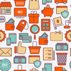 E-commerce, shopping seamless pattern with thin line icons: shopping cart, payment method, delivery, sale. Vector illustration for background of banner, web page, print media.