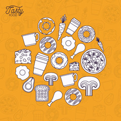 tasty food poster in orange background with tasty foods in white color vector illustration