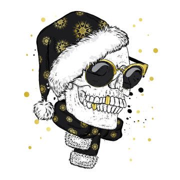 A skull with glasses, a scarf and a Christmas hat. Vector illustration. New Year's and Christmas. Santa Claus.