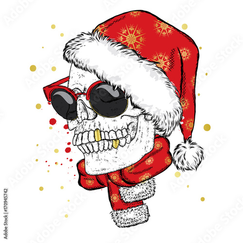 Download "A skull with glasses, a scarf and a Christmas hat. Vector ...