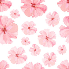 Vintage watercolor seamless pattern with pink hibiskus. Watercolor natural botanical illustration with summer flowers on white background © Shanserika