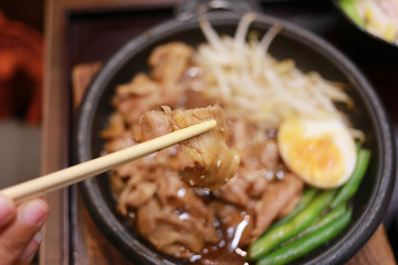 Pork rice with sauce in dish.