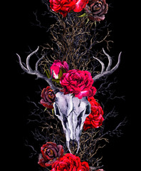 Deer animal skulls with rose flowers, branches. Seamless border frame. Watercolor