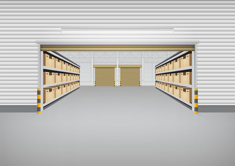 Warehouse or industrial building. Consist of cargo box on shelf and empty space. Use as distribution center for loading, storage, warehousing, shipping and freight forwarding. Vector illustration.