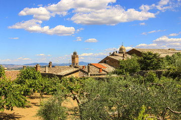 View of rooftops and olive trees, Montalcino,Tuscany, Italy