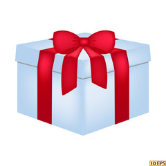 Gift box tied red bow. Vector illustration. Surprise, gift inside the box. Template design of gift.