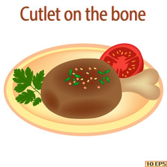 Steaks. Fried cutlet. Chop. Meat rissoles. Burger with cutlet. Rissole. Cutlet with bread. Green vegetables and cheese, tomato and meat rissole. Cutlet on the bone. Vector illustration.