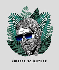 Hipster classical Sculpture. Jesus. Summer style - palm leaf. T-Shirt Design & Printing, clothes, beachwear. Vector illustration hand drawn.