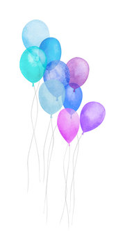 Watercolor air balloon. Hand drawn  of  pink, red , green, blue, purple balloons isolated on white background. Greeting object art