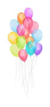 Watercolor air balloon. Hand drawn  of  pink, red , green, blue, purple balloons isolated on white background. Greeting object art