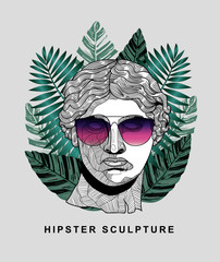 Venus (APHRODITE). Hipster classical Sculpture. Summer style - palm leaf. T-Shirt Design & Printing, clothes, beachwear. Vector illustration hand drawn.
