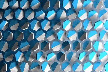 Abstract background with white and blue hexagonal shapes flying in space. Randomly arranged hexagons. 3d illustration. 