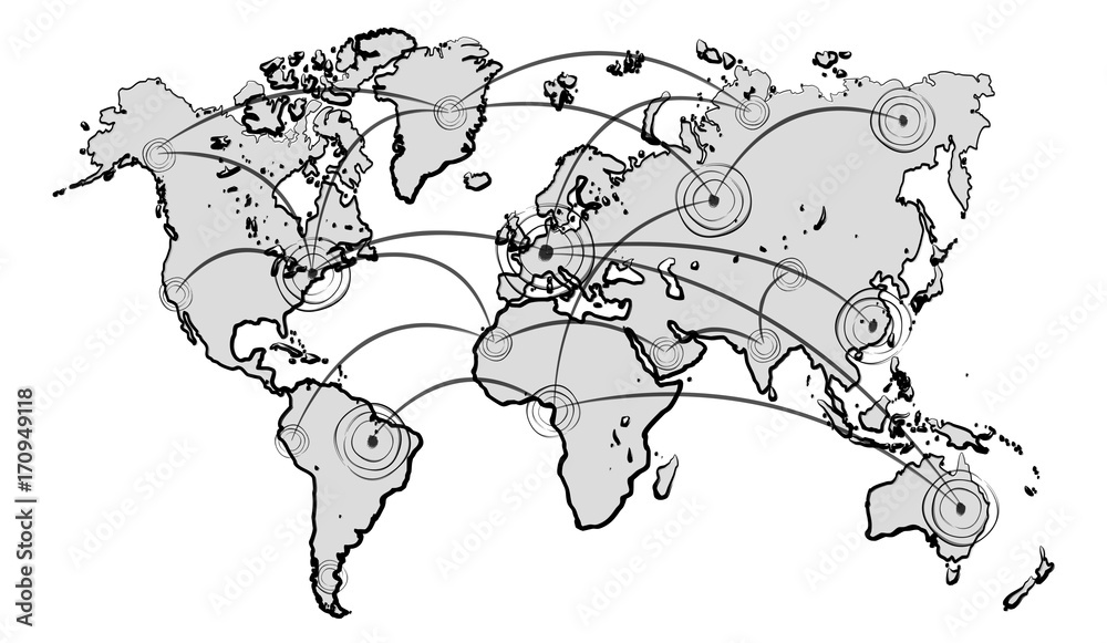 Poster hand drawn world map with connections sketch
