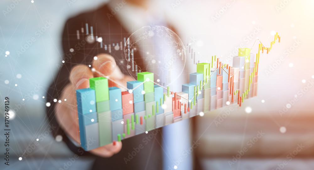 Poster Businessman using digital 3D rendered stock exchange stats and charts