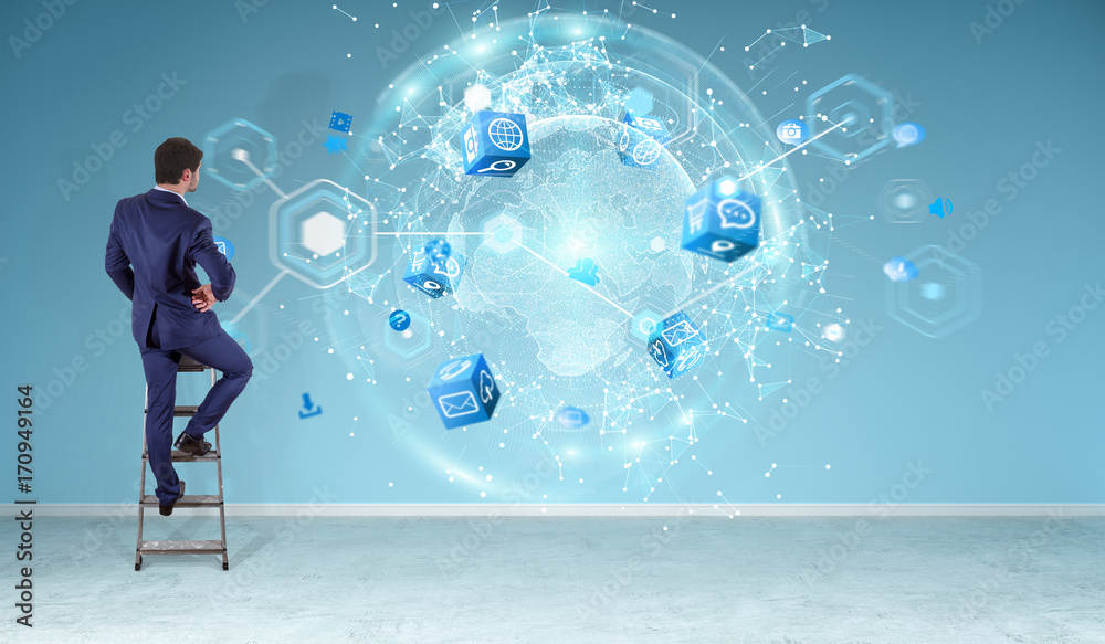 Poster Businessman using digital planet earth interface on a wall 3D rendering