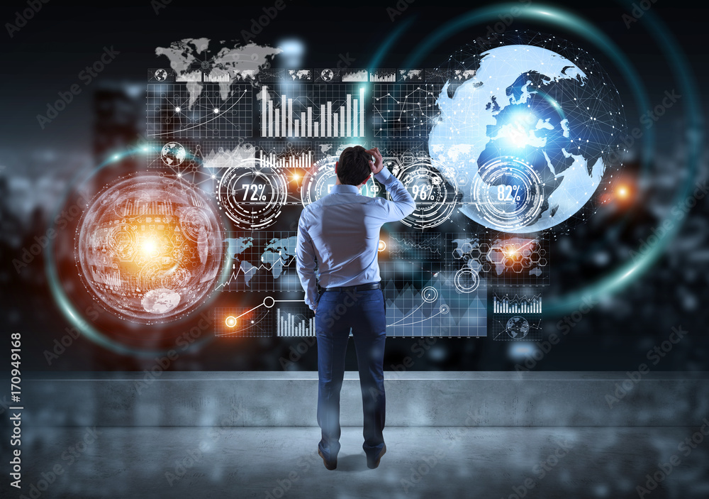 Poster Businessman watching graph screens interface on a rooftop 3D rendering