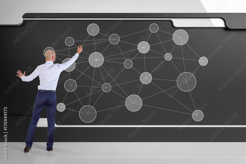 Aufkleber businessman using social network interface on a board 3d rendering