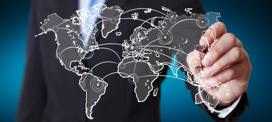 Businessman drawing world connection sketch