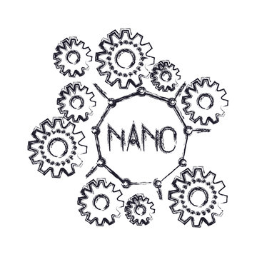 set gear machinery with nano text in center monochrome blurred silhouette on white background vector illustration