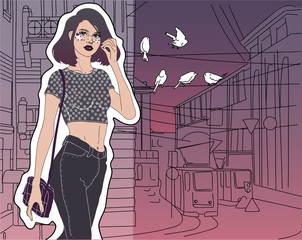  vector beautiful trendy young girl walking in the evening around the city alone