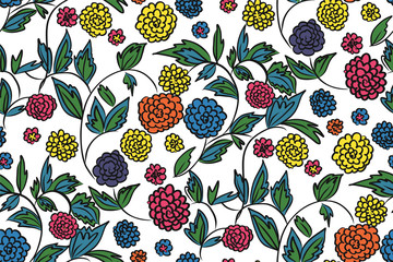 Floral seamless background pattern with  flowers and leaves, spring - summer season. Vector illustration for textile, wrapping paper, wallpaper, сurtains .