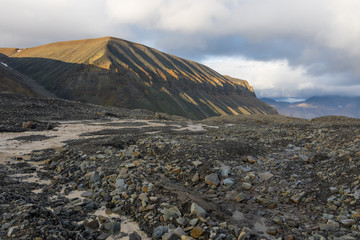 Longyear river in glacial moraine in Svalbard