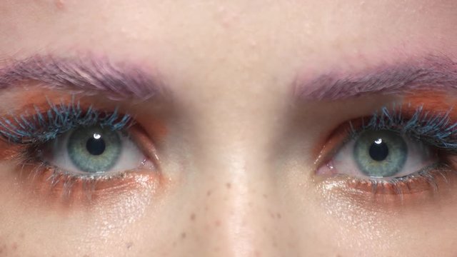Eyes of woman wide open. Colorful eye makeup macro.
